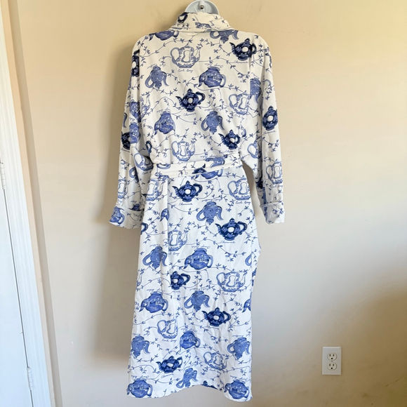 RARE Victoria's Secret Gold Label 80s Vintage White Blue Teapot Print Robe OS - Picture 11 of 16